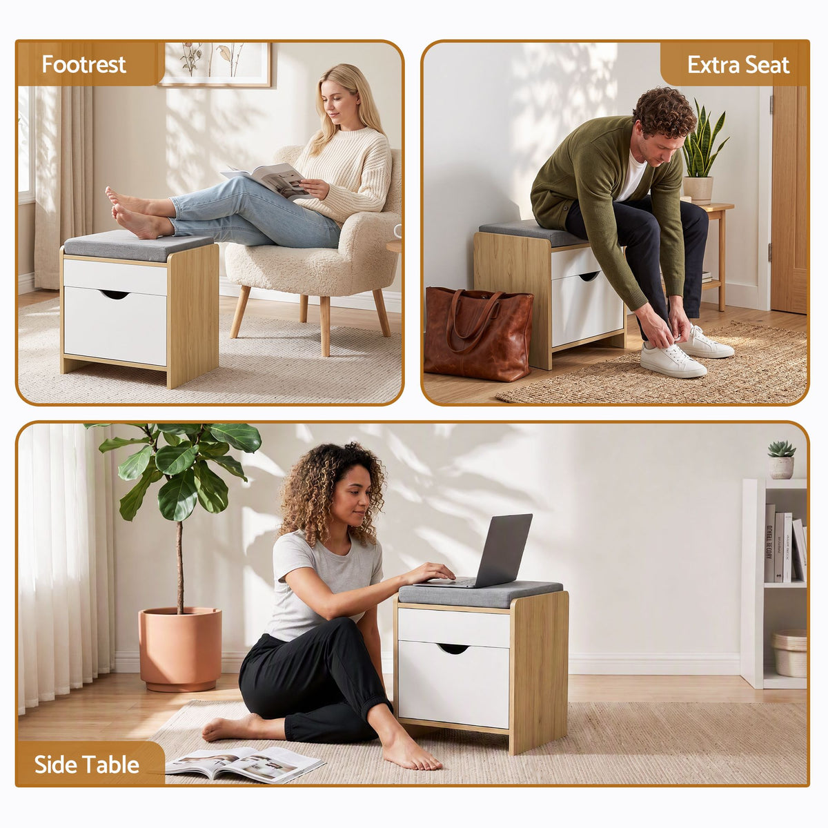 Artiss Storage Ottoman with Drawer 100kg Capacity Footrest Cushion Oak-Furniture > Living Room > Ottomans & Footstools-PEROZ Accessories