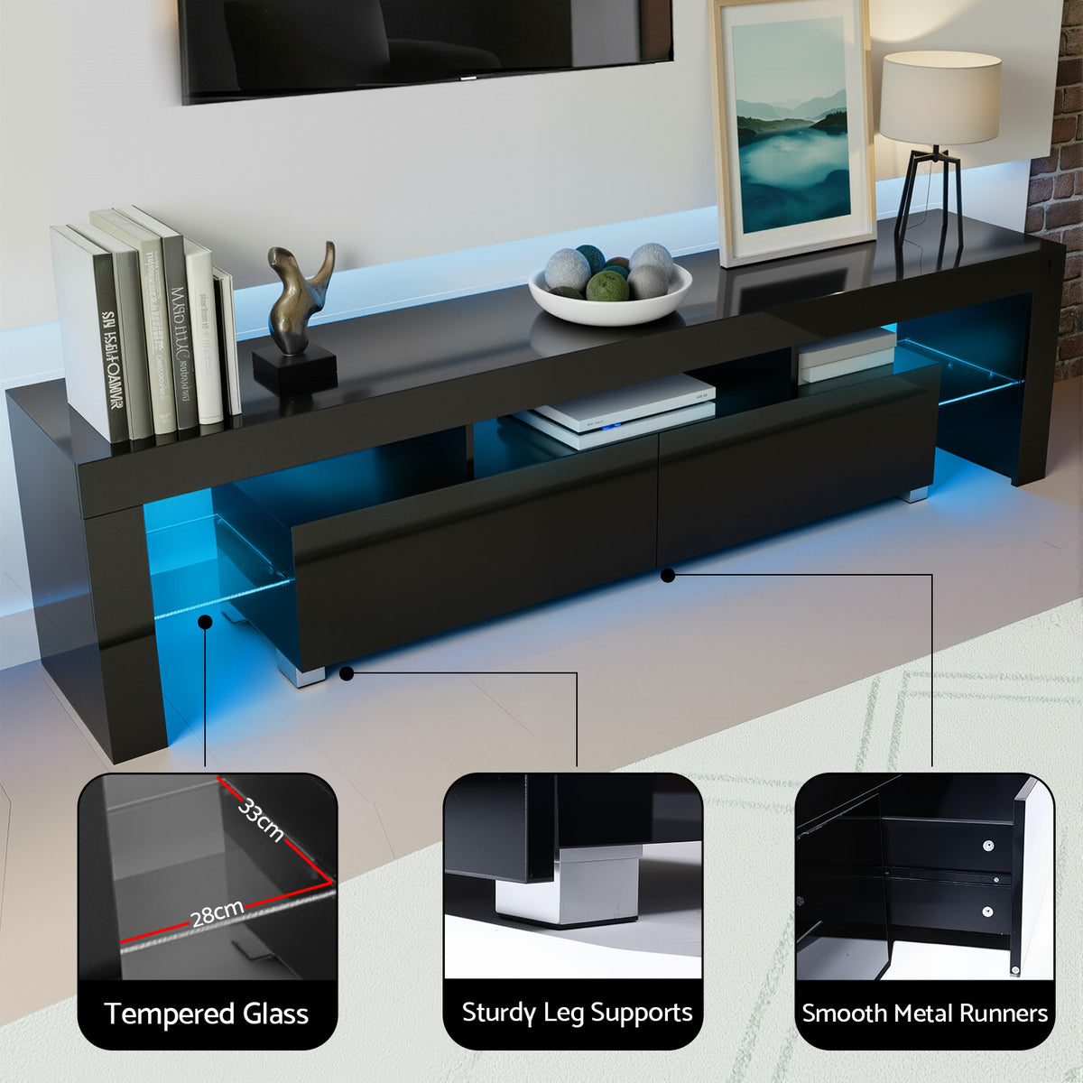 Artiss Entertainment Unit TV Cabinet LED 189cm Black Elo-Entertainment Units-PEROZ Accessories