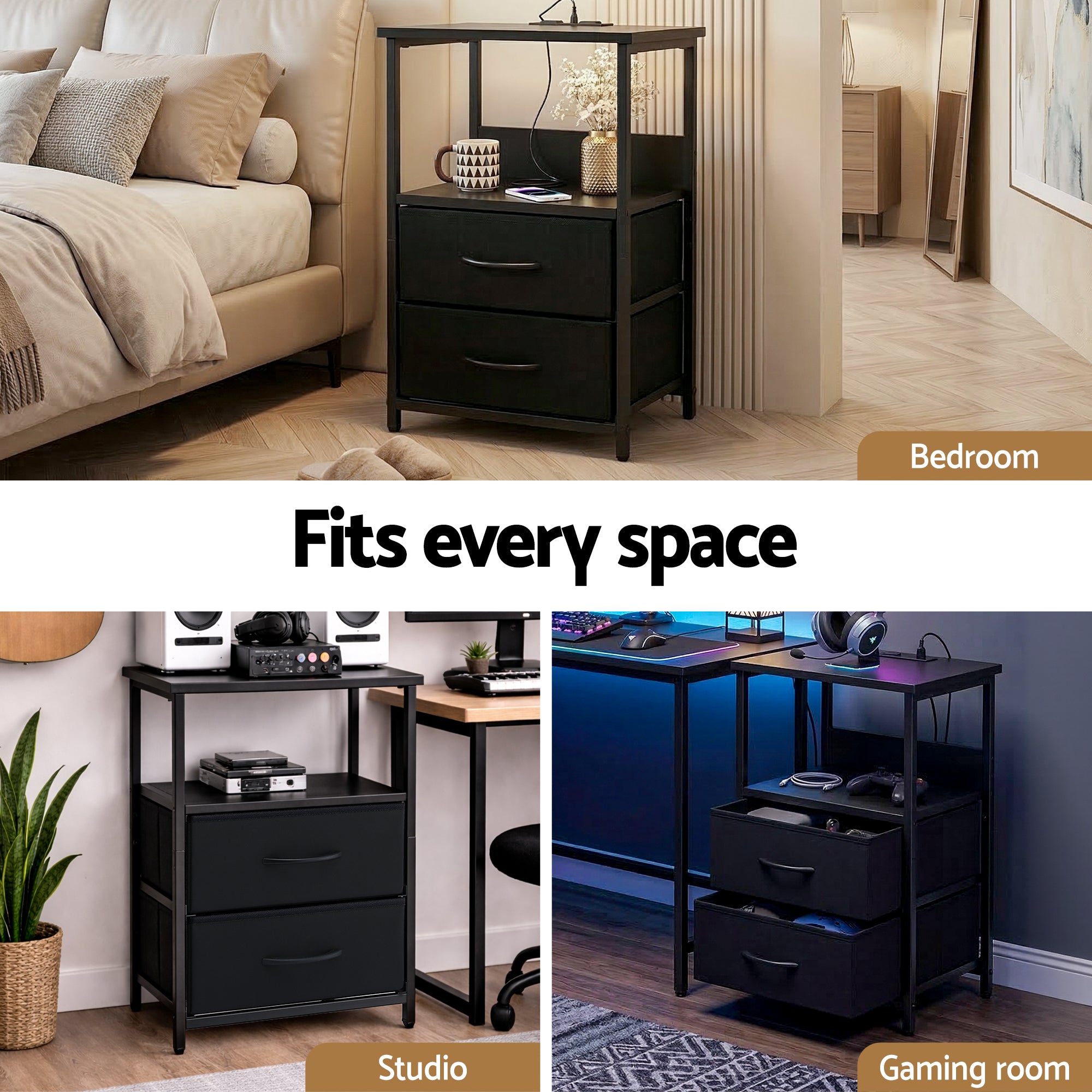 Artiss Bedside Table LED Nightstand Charging Station 2 Drawers Foldable Black-Furniture > Bedroom > Bedside Tables-PEROZ Accessories