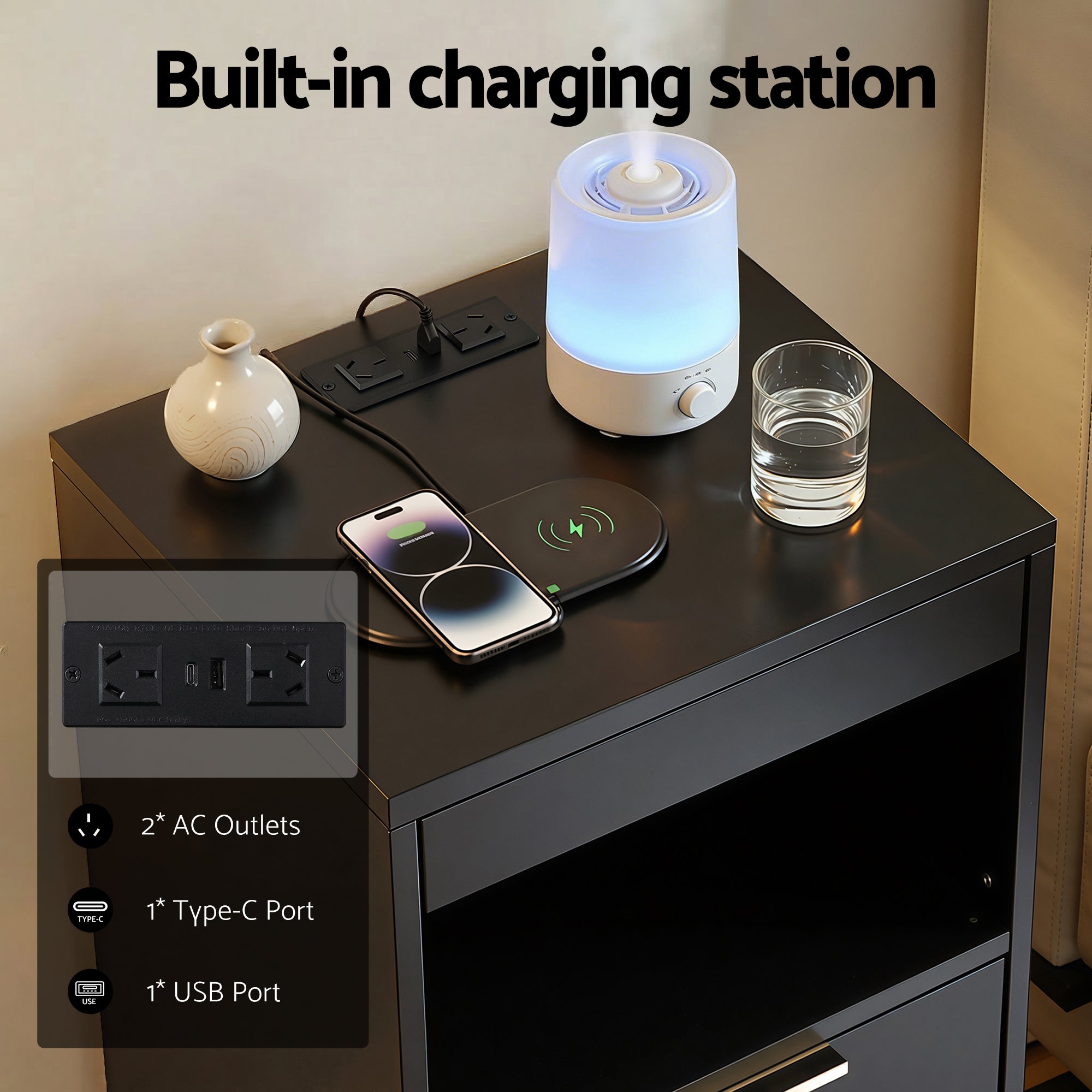 Artiss Bedside Table LED Nightstand Charging Station 2 Drawers - Black-Furniture > Bedroom > Bedside Tables-PEROZ Accessories