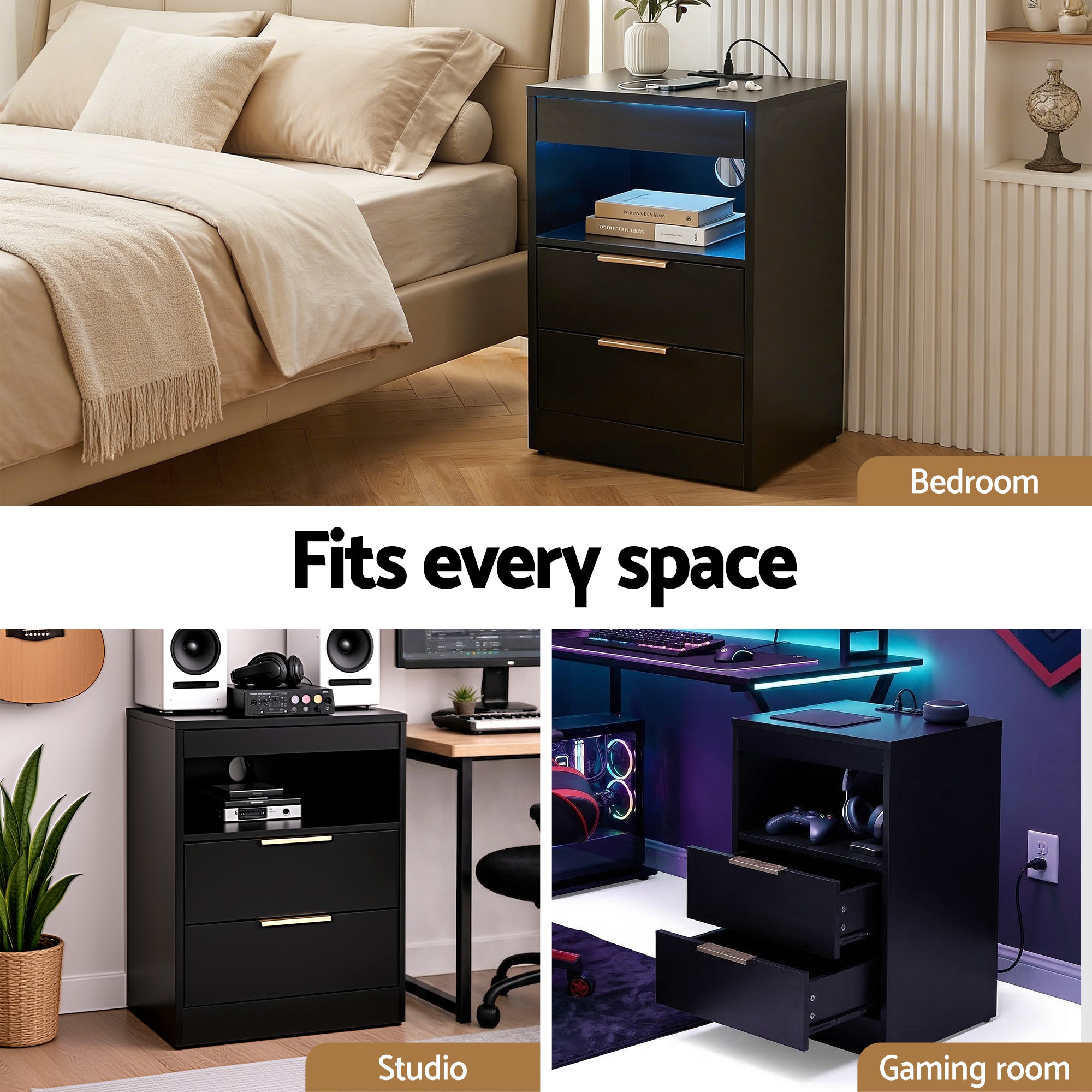Artiss Bedside Table LED Nightstand Charging Station 2 Drawers - Black-Furniture > Bedroom > Bedside Tables-PEROZ Accessories