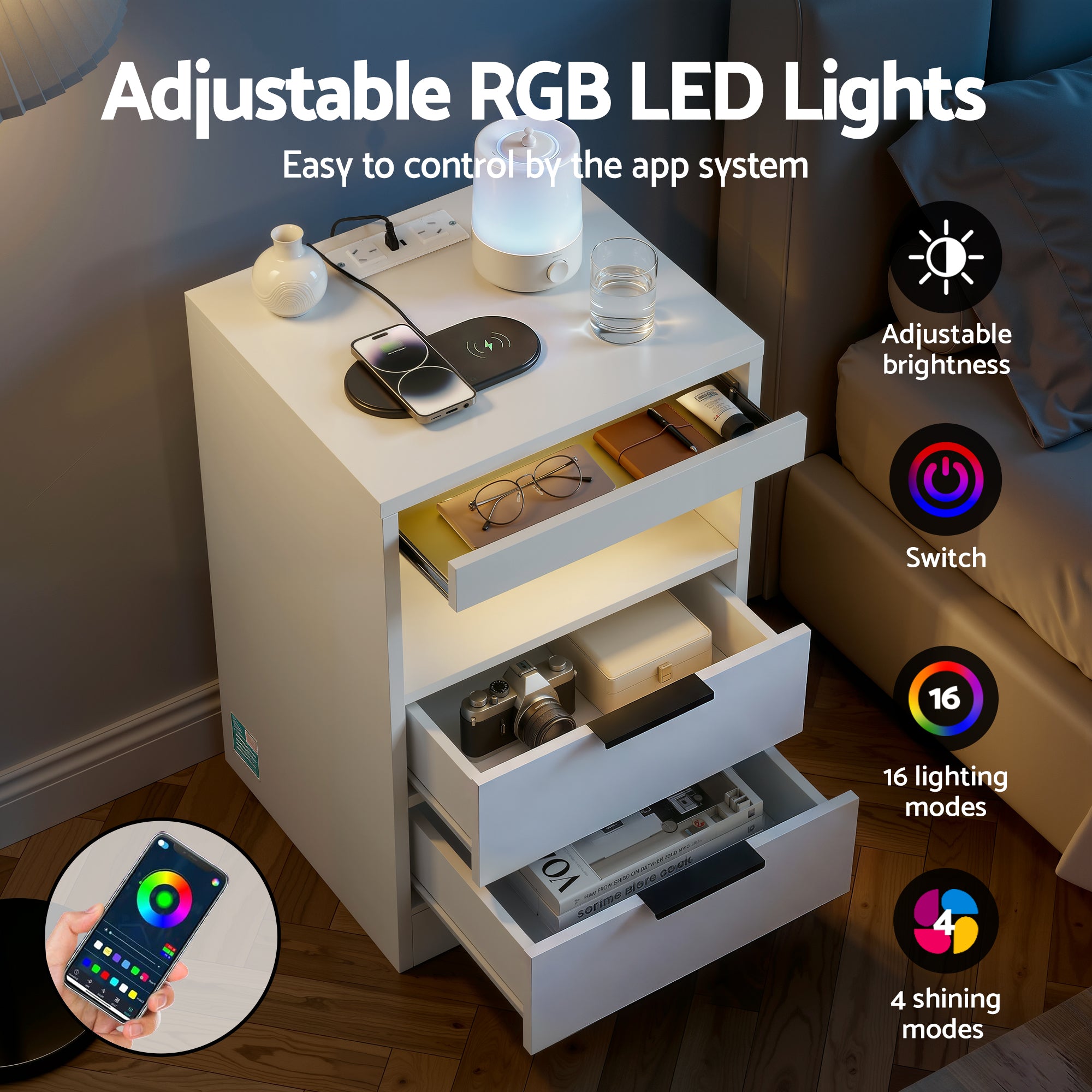 Artiss Bedside Table LED Nightstand Charging Station 2 Drawers - White-Furniture > Bedroom > Bedside Tables-PEROZ Accessories
