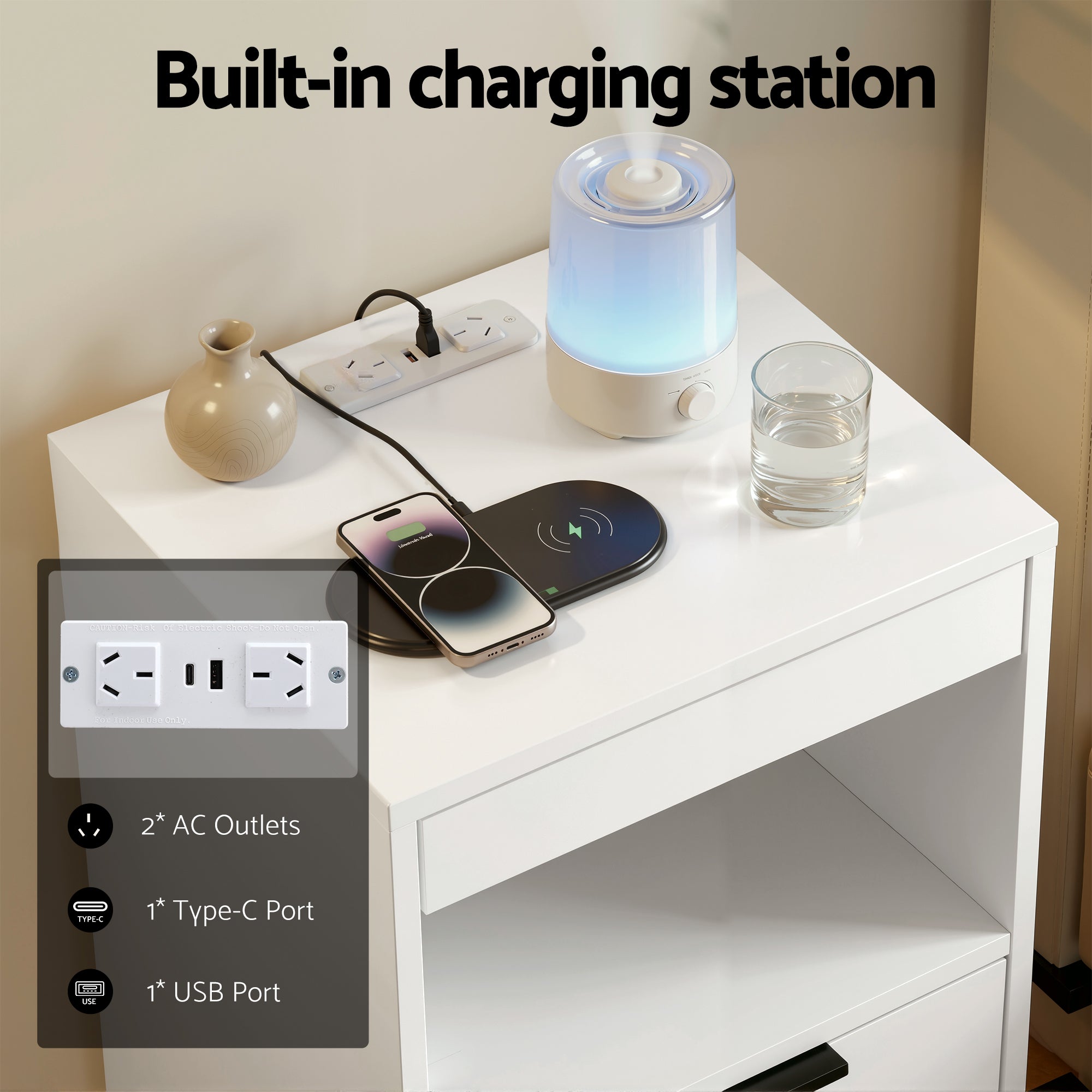 Artiss Bedside Table LED Nightstand Charging Station 2 Drawers - White-Furniture > Bedroom > Bedside Tables-PEROZ Accessories
