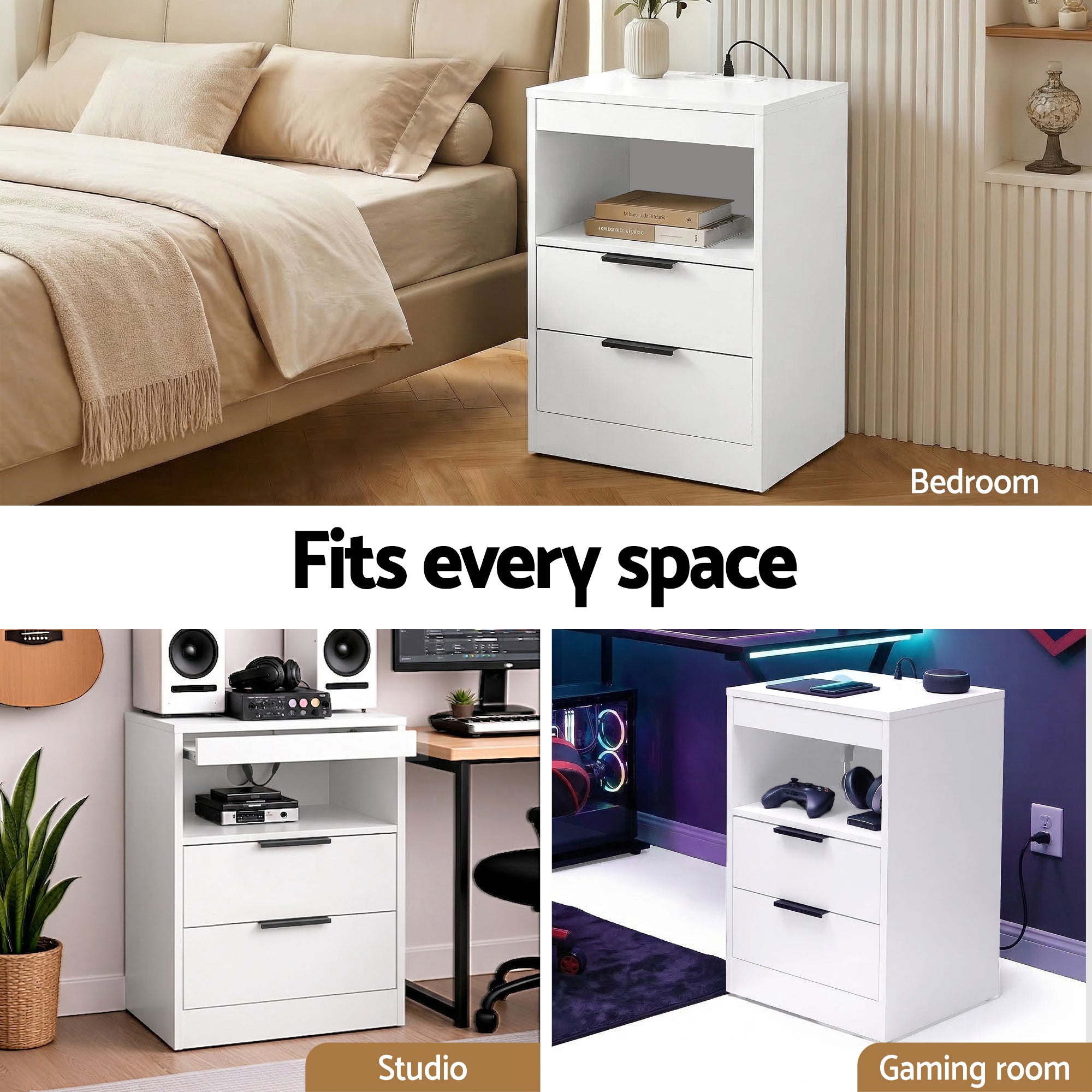 Artiss Bedside Table LED Nightstand Charging Station 2 Drawers - White-Furniture > Bedroom > Bedside Tables-PEROZ Accessories