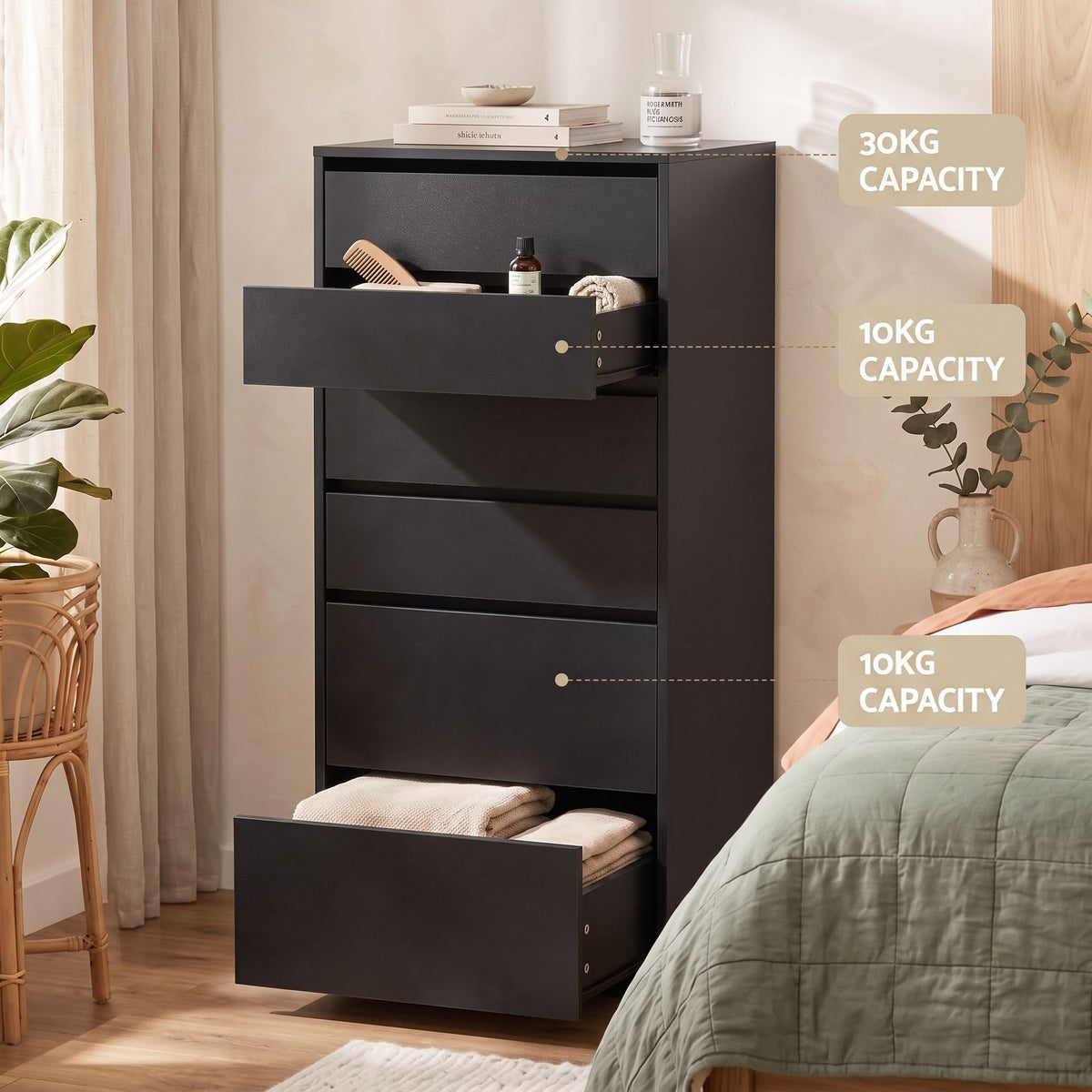 Artiss 2x Chest of 6 Drawers Dresser Tallboy Black-Furniture > Bedroom > Dressers-PEROZ Accessories