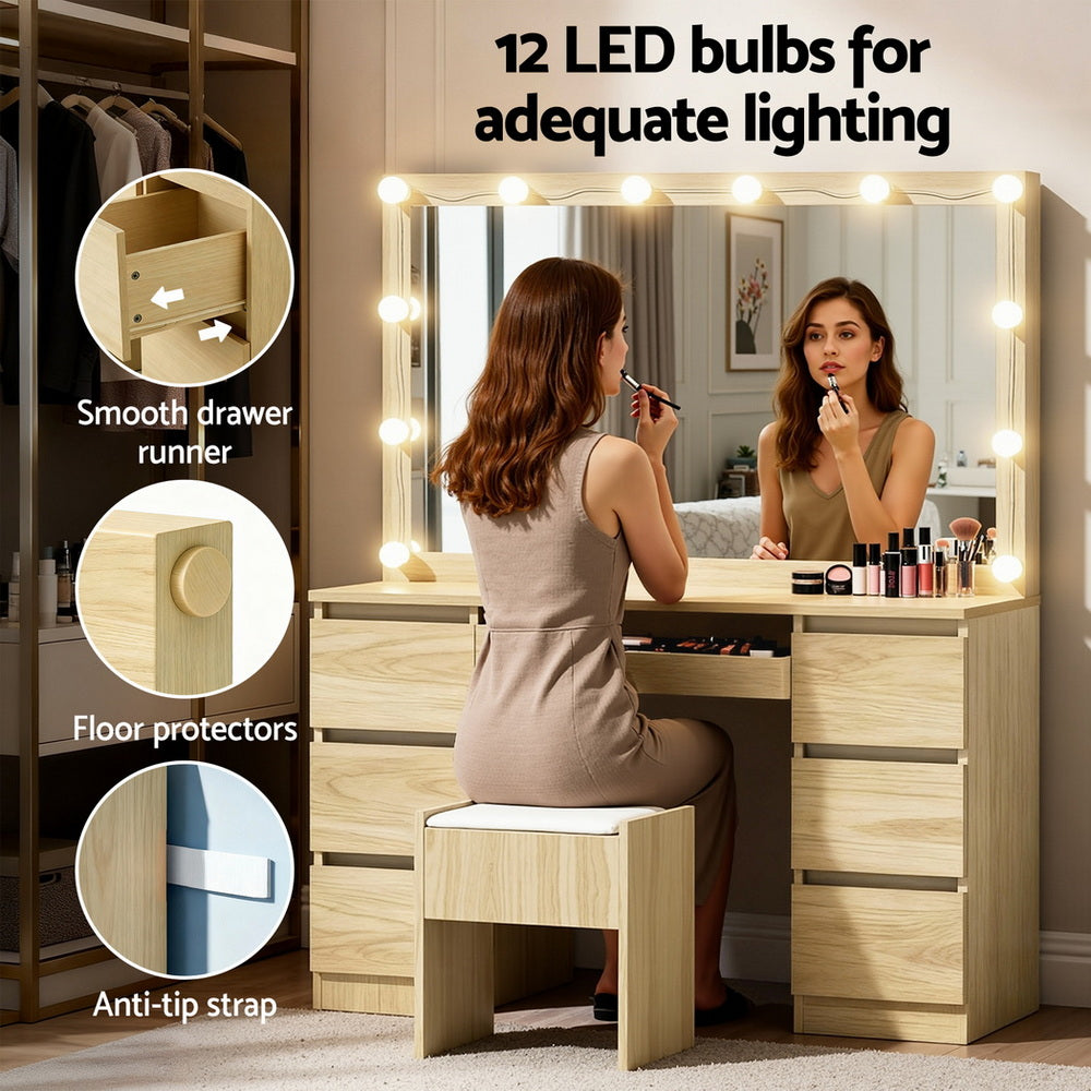 Artiss Dressing Table Vanity Desk Set Stool 12 Led Bulbs Wood-Furniture > Bedroom > Dressing Vanity & Dressing Tables-PEROZ Accessories