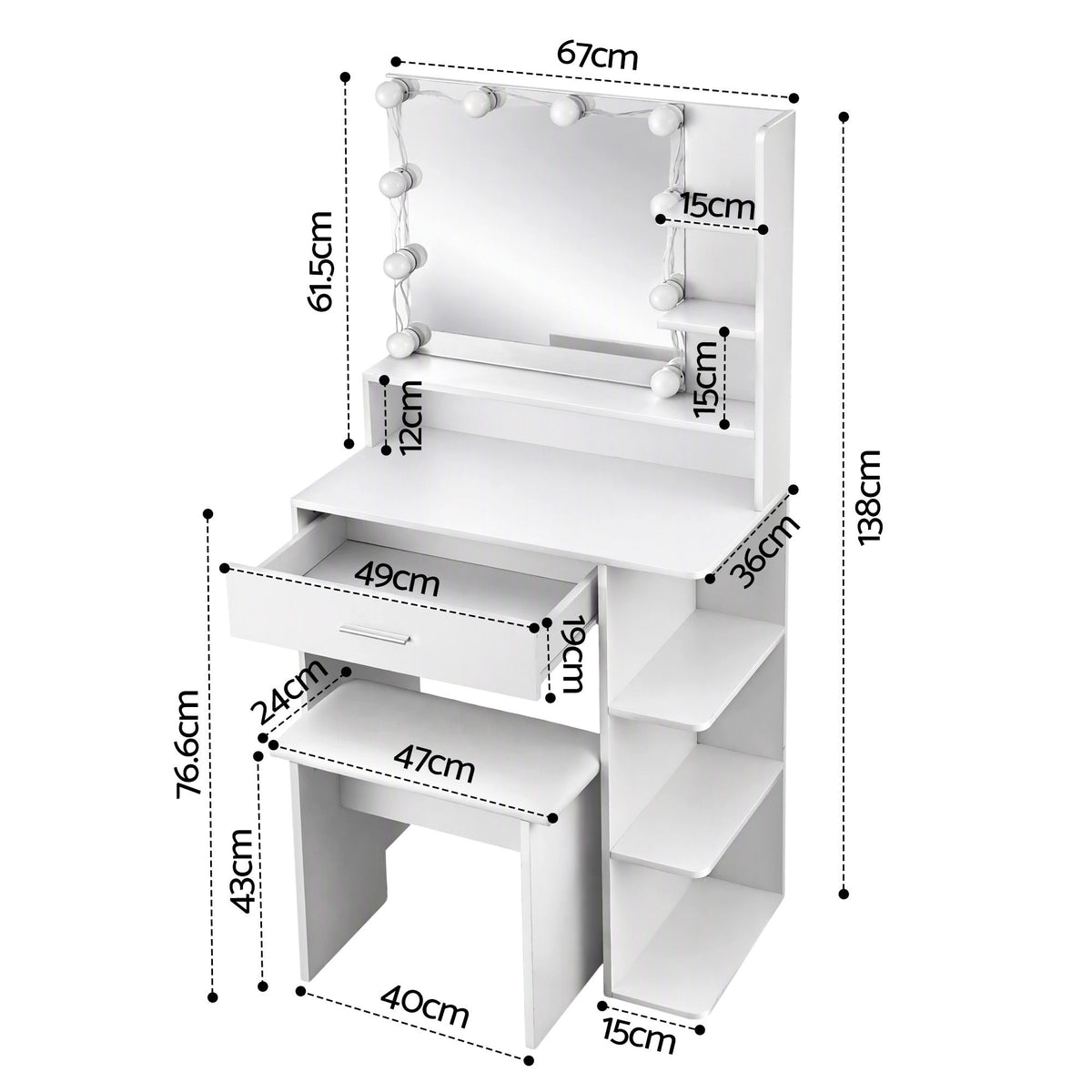 Artiss Dressing Table Vanity Desk LED Mirror Stool Storage Power Outlet Hairdryer Holder White-Furniture > Bedroom > Dressing Vanity & Dressing Tables-PEROZ Accessories