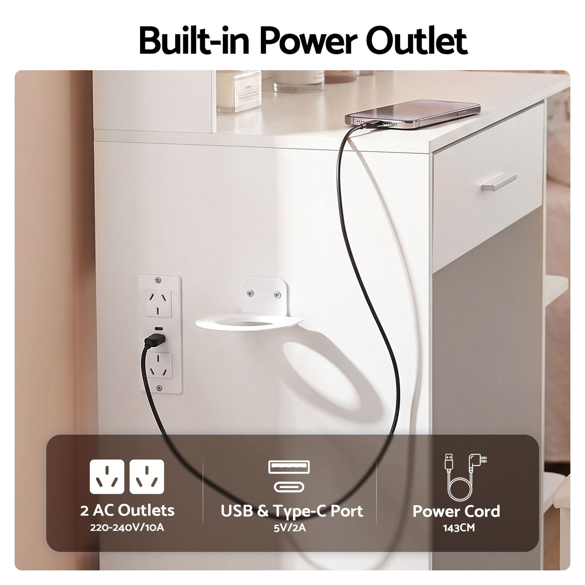 Artiss Dressing Table Vanity Desk LED Mirror Stool Storage Power Outlet Hairdryer Holder White-Furniture > Bedroom > Dressing Vanity & Dressing Tables-PEROZ Accessories