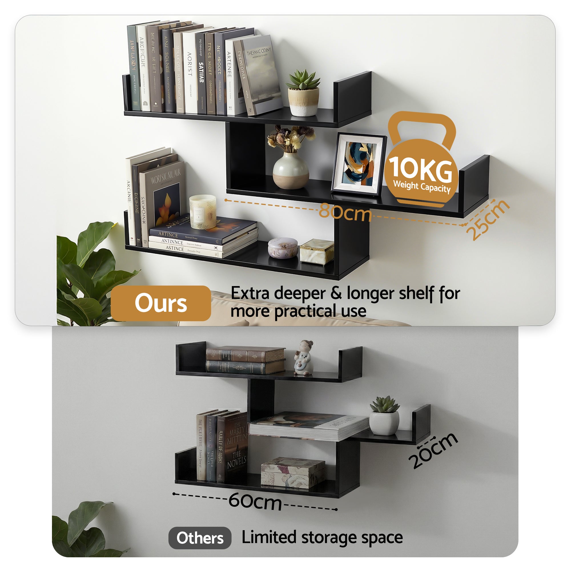 Artiss Floating Wall Shelf 3 Tier Black-Furniture > Living Room > Bookcases & Shelves-PEROZ Accessories