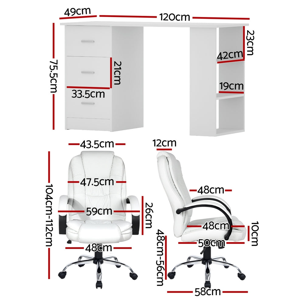 Artiss Computer Desk 120cm Executive Office Chair Set PU Leather High Back White-Furniture > Office > Desks-PEROZ Accessories