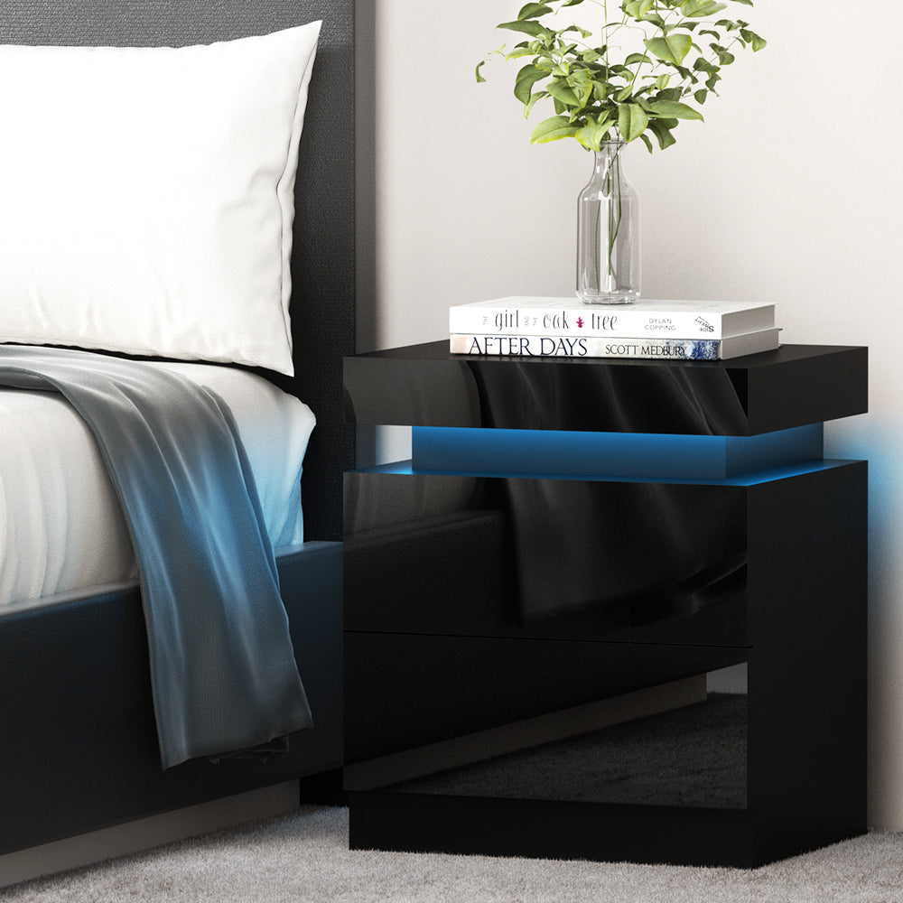 Artiss Bedside Table LED 2 Drawers Lift-up Storage - COLEY Black-Bedside Tables-PEROZ Accessories