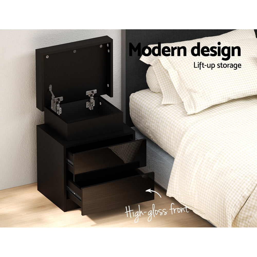 Artiss Bedside Table LED 2 Drawers Lift-up Storage - COLEY Black-Bedside Tables-PEROZ Accessories