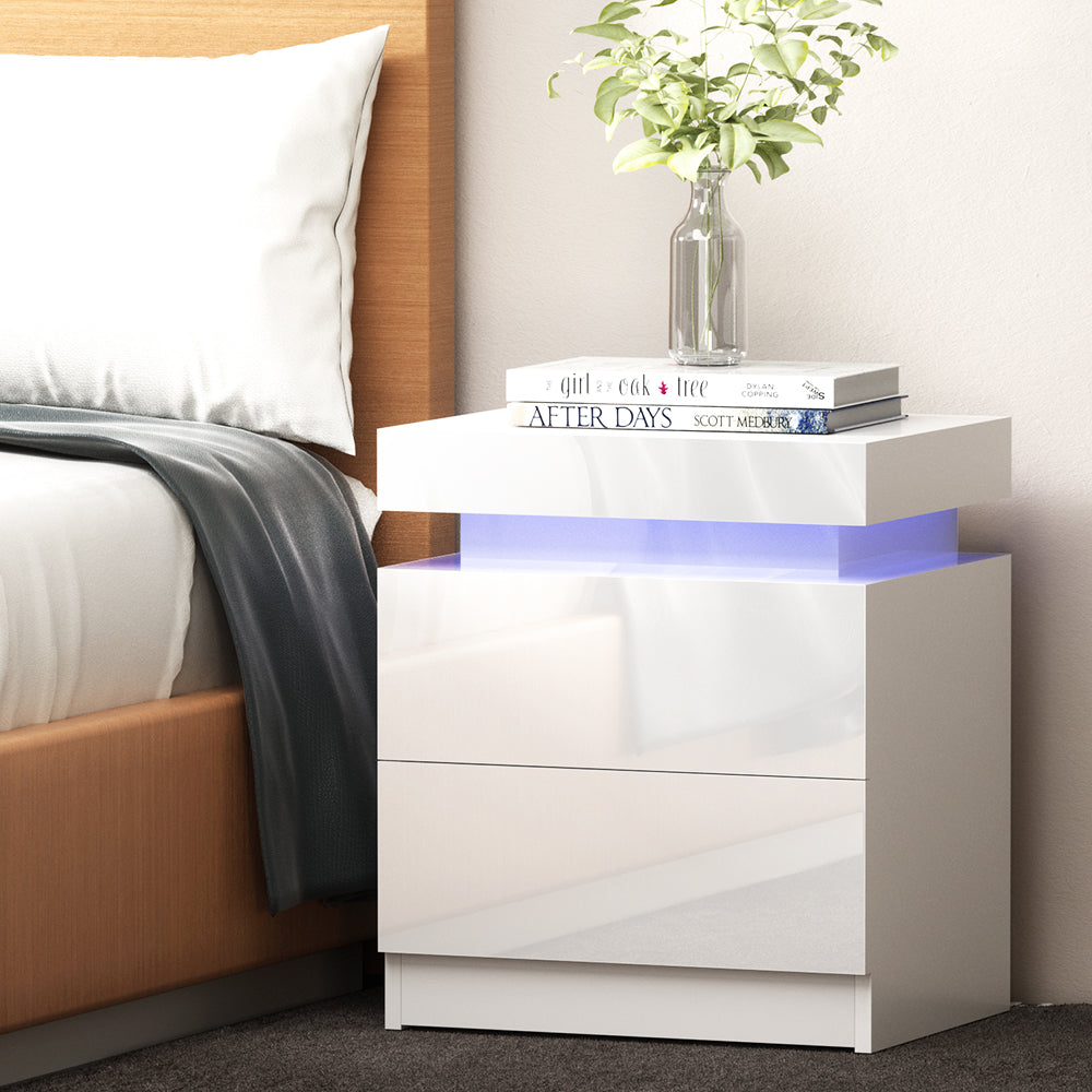 Artiss Bedside Table LED 2 Drawers Lift-up Storage - COLEY White-Bedside Tables-PEROZ Accessories