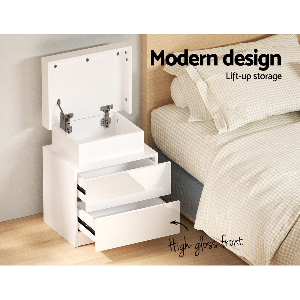 Artiss Bedside Table LED 2 Drawers Lift-up Storage - COLEY White-Bedside Tables-PEROZ Accessories