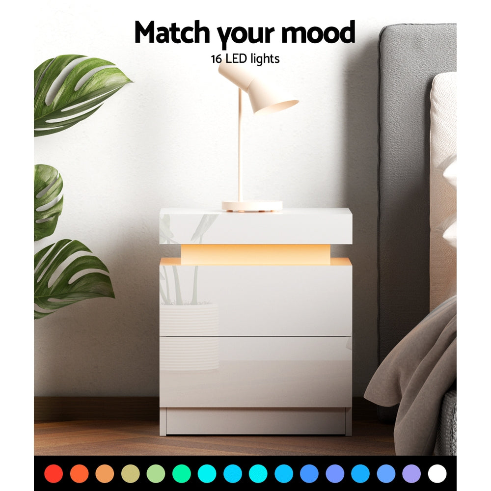 Artiss Bedside Table LED 2 Drawers Lift-up Storage - COLEY White-Bedside Tables-PEROZ Accessories