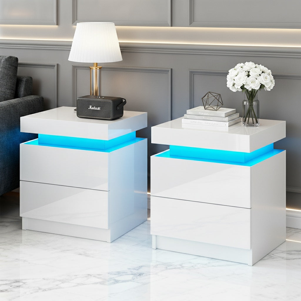 Artiss 2X Bedside Table LED 2 Drawers Lift-up Storage - COLEY White-Furniture > Bedroom > Bedside Tables-PEROZ Accessories