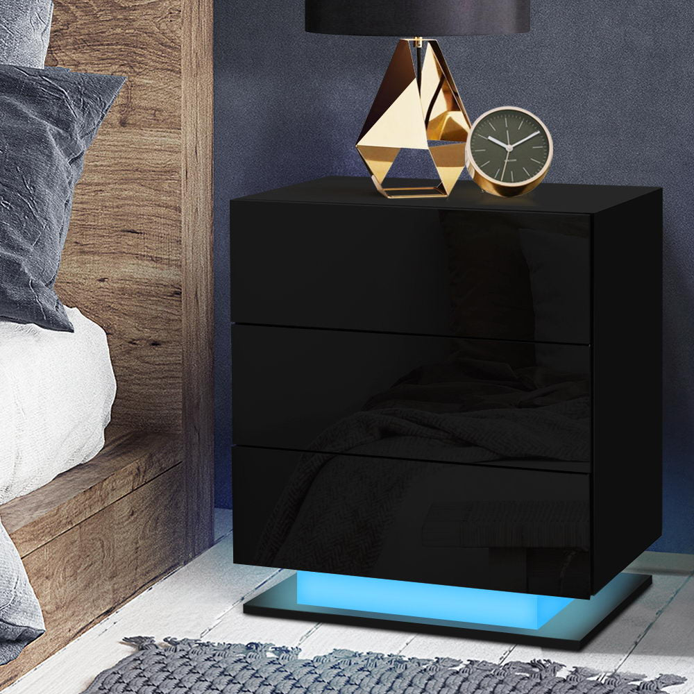 Artiss Bedside Table LED 3 Drawers - MORI Black-Bedside Tables-PEROZ Accessories