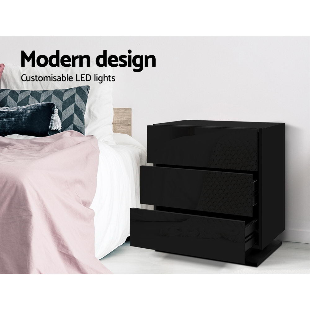 Artiss Bedside Table LED 3 Drawers - MORI Black-Bedside Tables-PEROZ Accessories