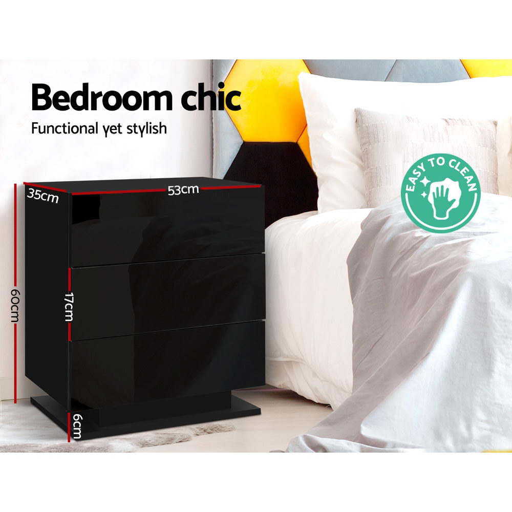 Artiss Bedside Table LED 3 Drawers - MORI Black-Bedside Tables-PEROZ Accessories