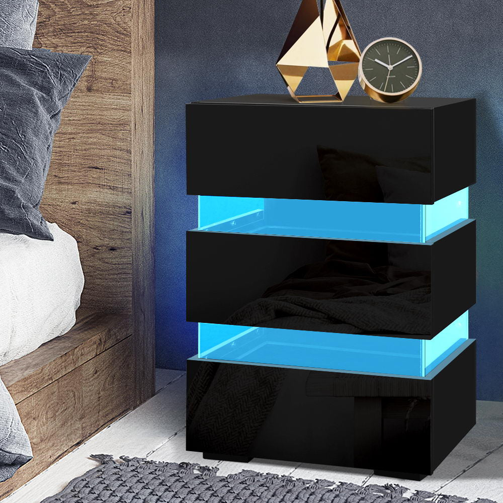 Artiss Bedside Table LED 3 Drawers - LUMI Black-Bedside Tables-PEROZ Accessories