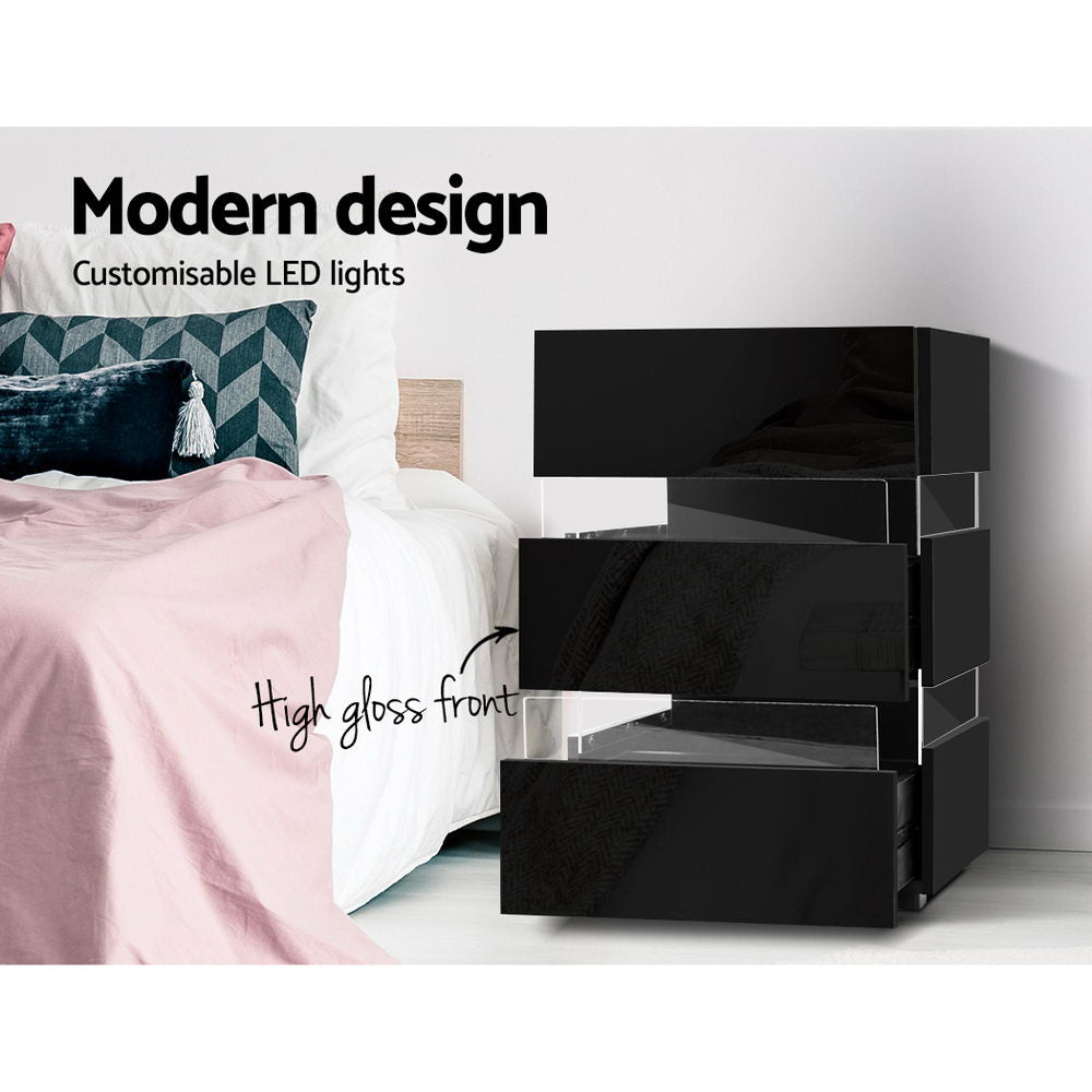 Artiss Bedside Table LED 3 Drawers - LUMI Black-Bedside Tables-PEROZ Accessories