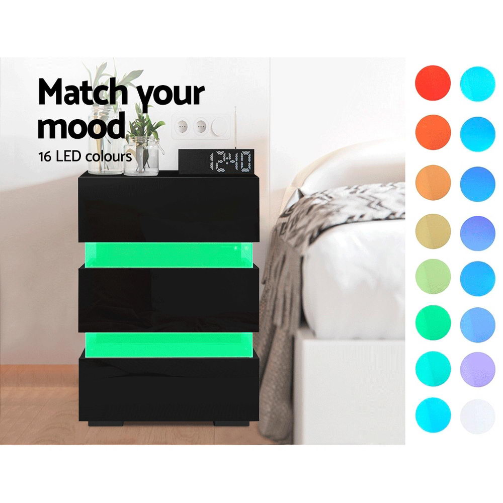Artiss Bedside Table LED 3 Drawers - LUMI Black-Bedside Tables-PEROZ Accessories