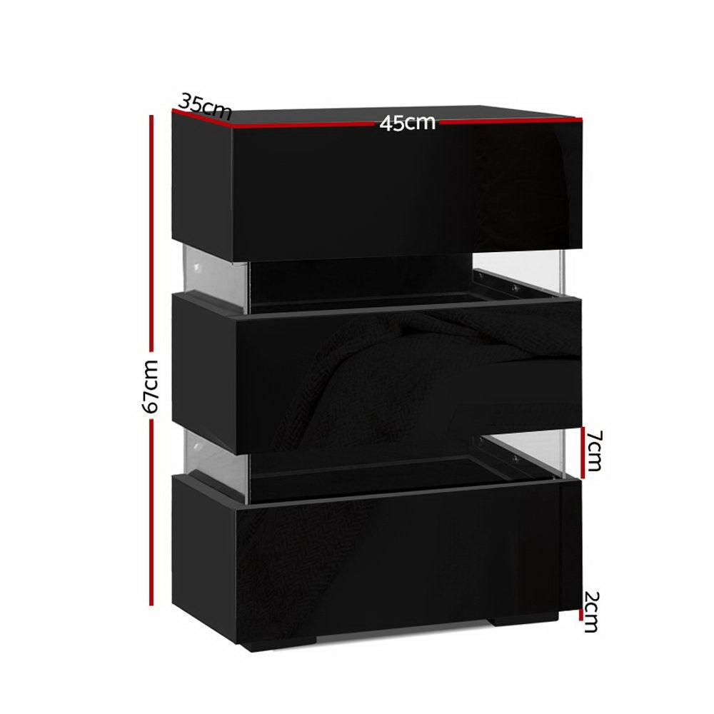 Artiss 2x Bedside Table LED 3 Drawers - LUMI Black-Furniture > Bedroom > Bedside Tables-PEROZ Accessories