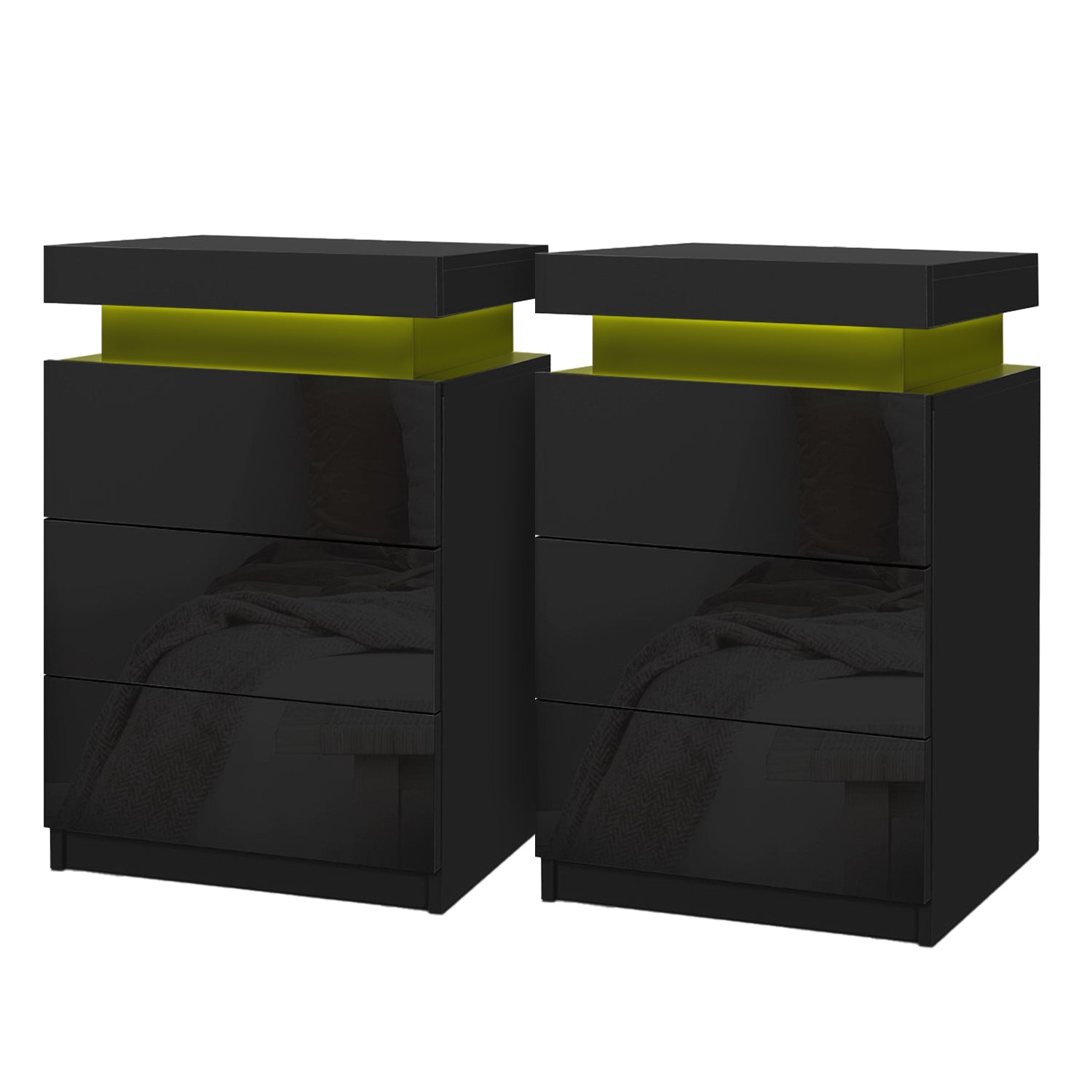 Artiss 2X Bedside Table LED 3 Drawers - COLEY Black-Furniture > Bedroom > Bedside Tables-PEROZ Accessories