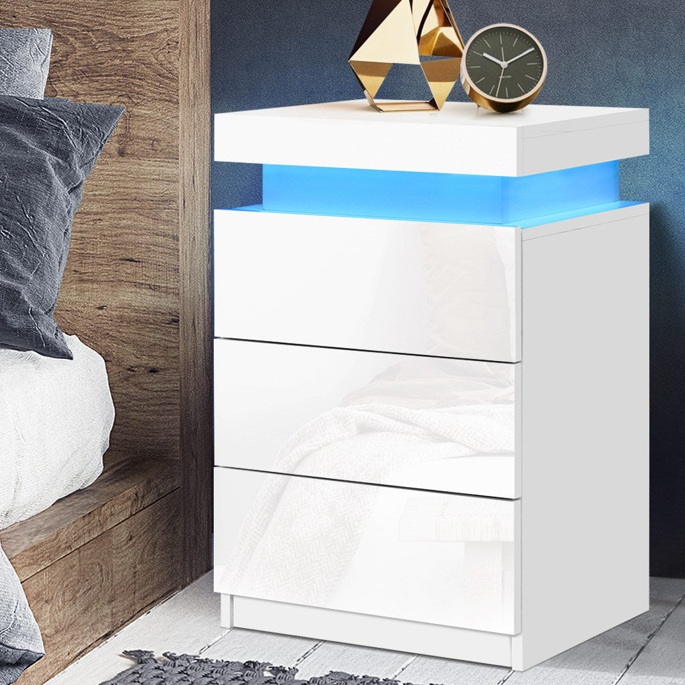 Artiss Bedside Table LED 3 Drawers - COLEY White-Bedside Tables-PEROZ Accessories