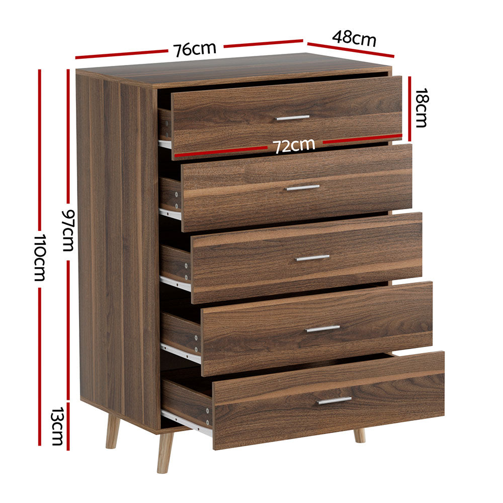 Artiss 5 Chest of Drawers - MIRI Walnut-Furniture > Bedroom-PEROZ Accessories
