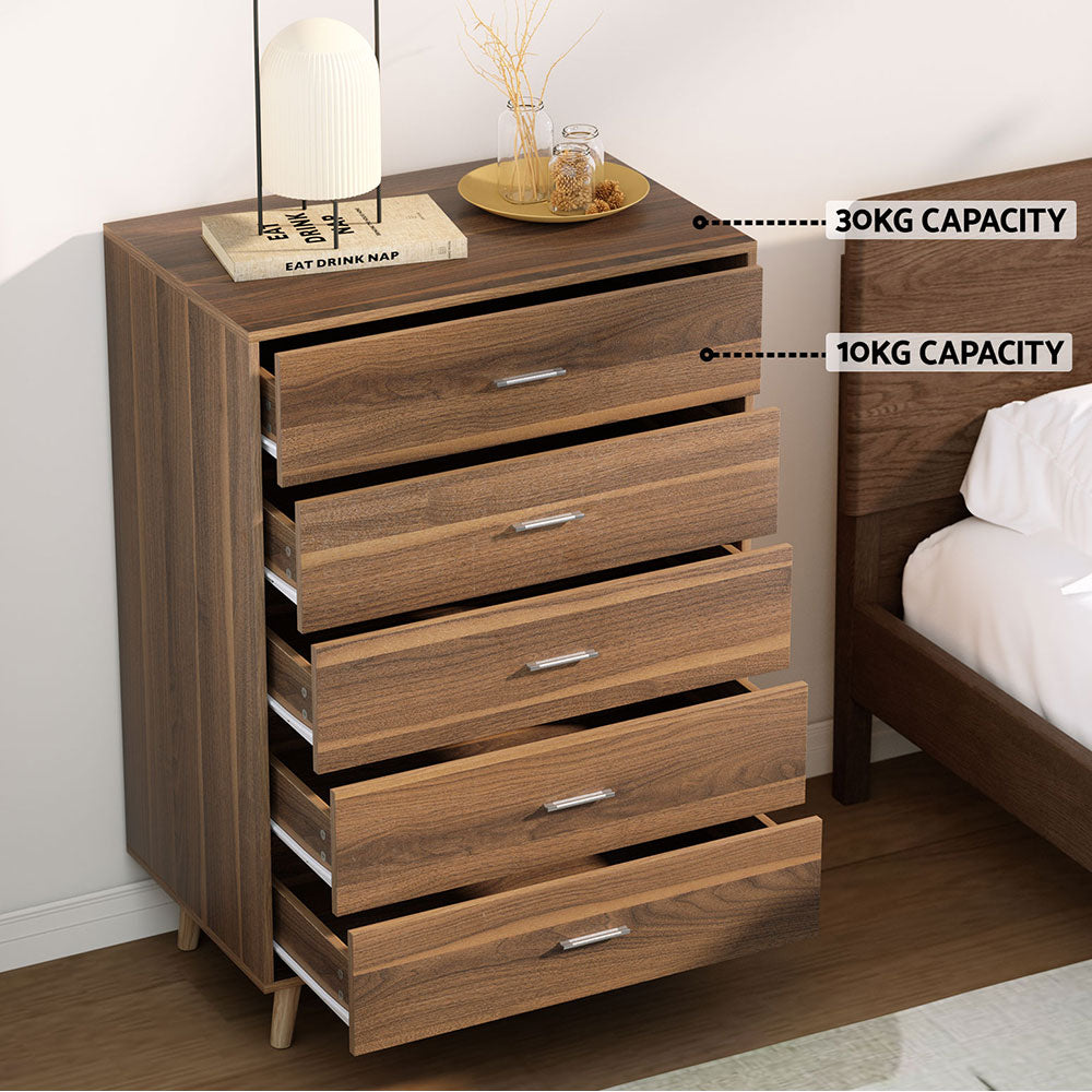Artiss 5 Chest of Drawers - MIRI Walnut-Furniture > Bedroom-PEROZ Accessories