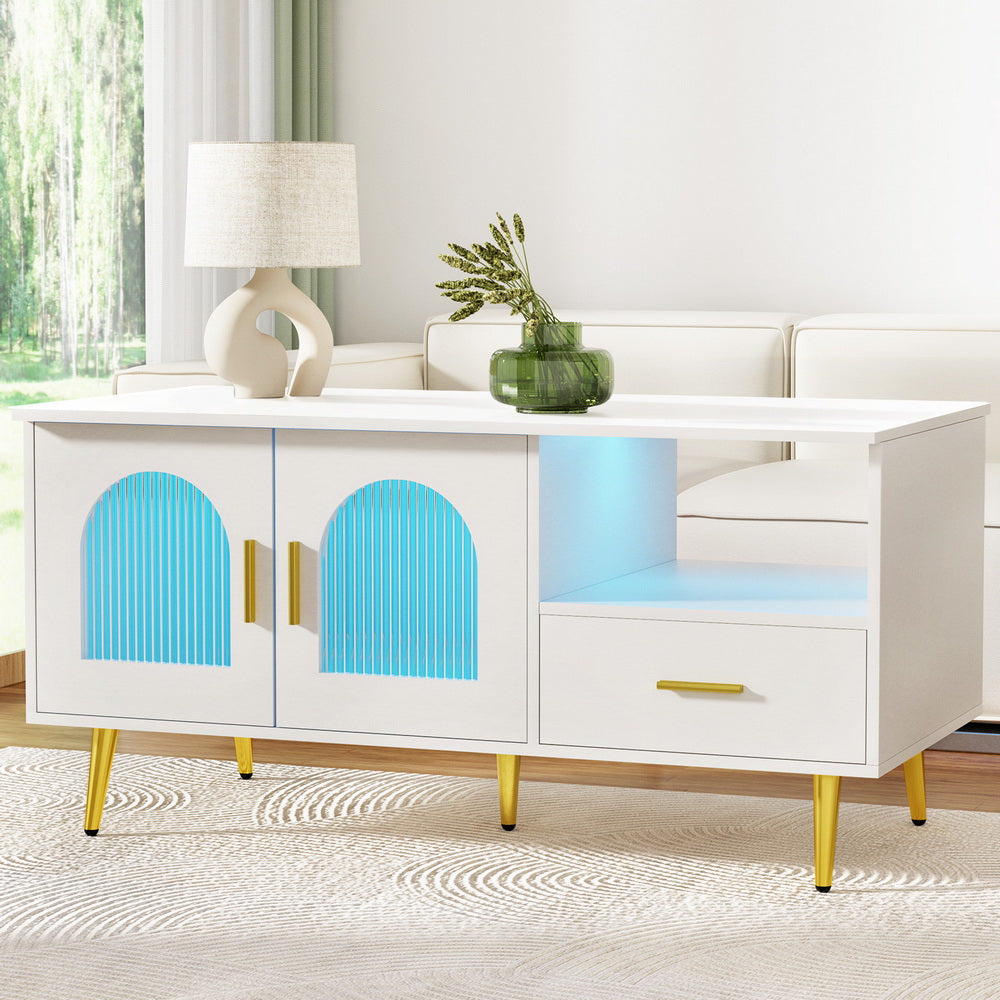 Artiss LED Coffee Table Shelf Drawer Storage White-Furniture > Living Room-PEROZ Accessories