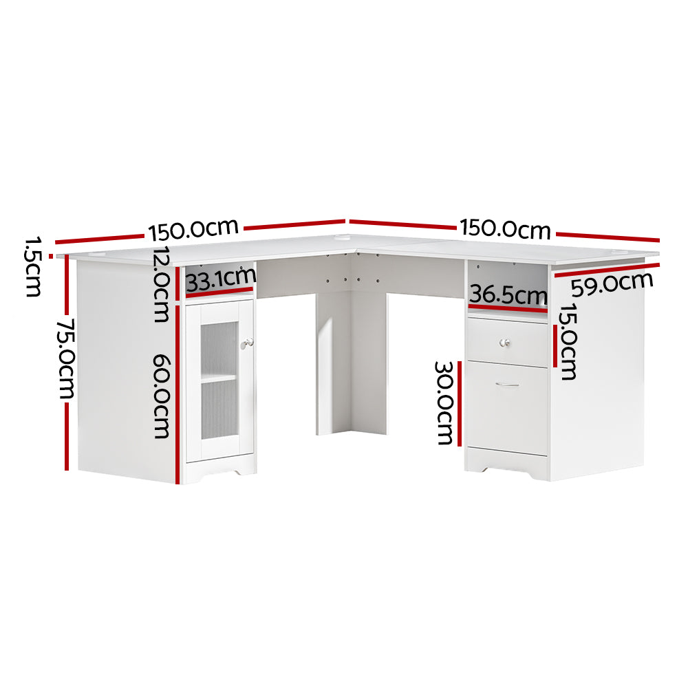 Artiss Computer Desk Shelf Cabinet L-Shape White 150CM-Office Desks-PEROZ Accessories