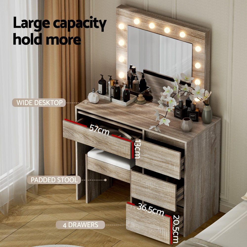Artiss Dressing Table Set Stool 12 Led Bulbs Wood-Furniture > Bedroom > Dressing Vanity & Dressing Tables-PEROZ Accessories