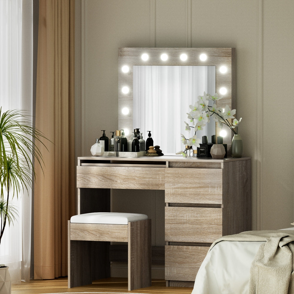 Artiss Dressing Table Set Stool 12 Led Bulbs Wood-Furniture > Bedroom > Dressing Vanity & Dressing Tables-PEROZ Accessories