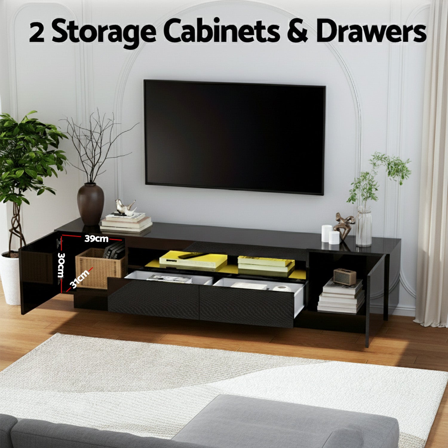 Artiss TV Unit Entertainment Unit Storage Drawer RGB LED 180cm Black-Furniture > Living Room > TV Units-PEROZ Accessories