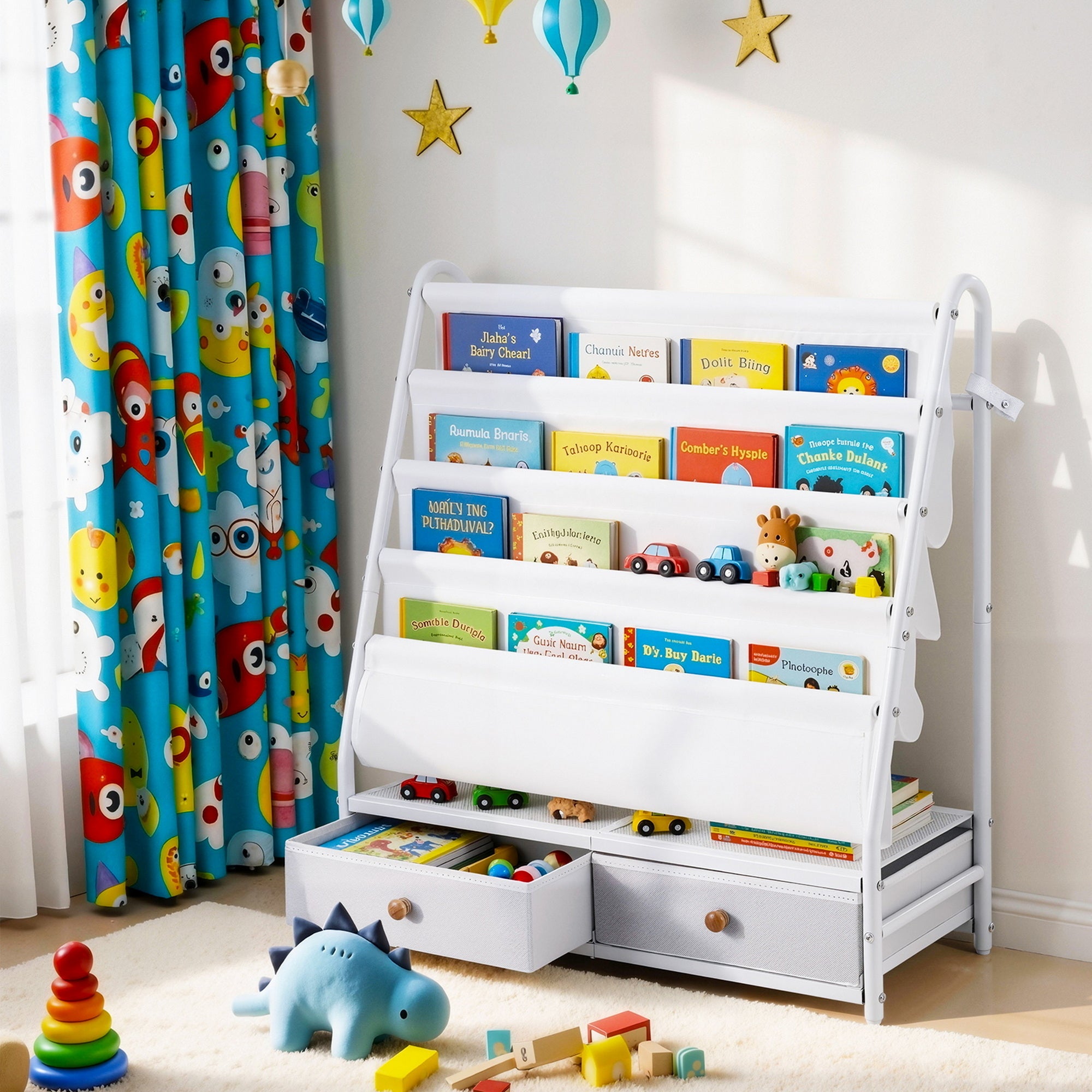 Keezi Kids Bookshelf Metal Storage Rack Toy Organiser Display Shelf Drawer White-Baby & Kids > Kid&