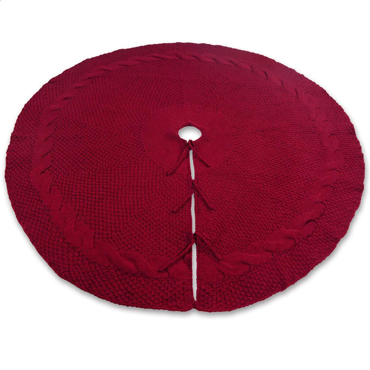 Festive Knit Christmas Tree Skirt - Acrylic Red Tree Mat with Pom-Poms 122cm-Occasions > Christmas > Christmas Decorations-PEROZ Accessories