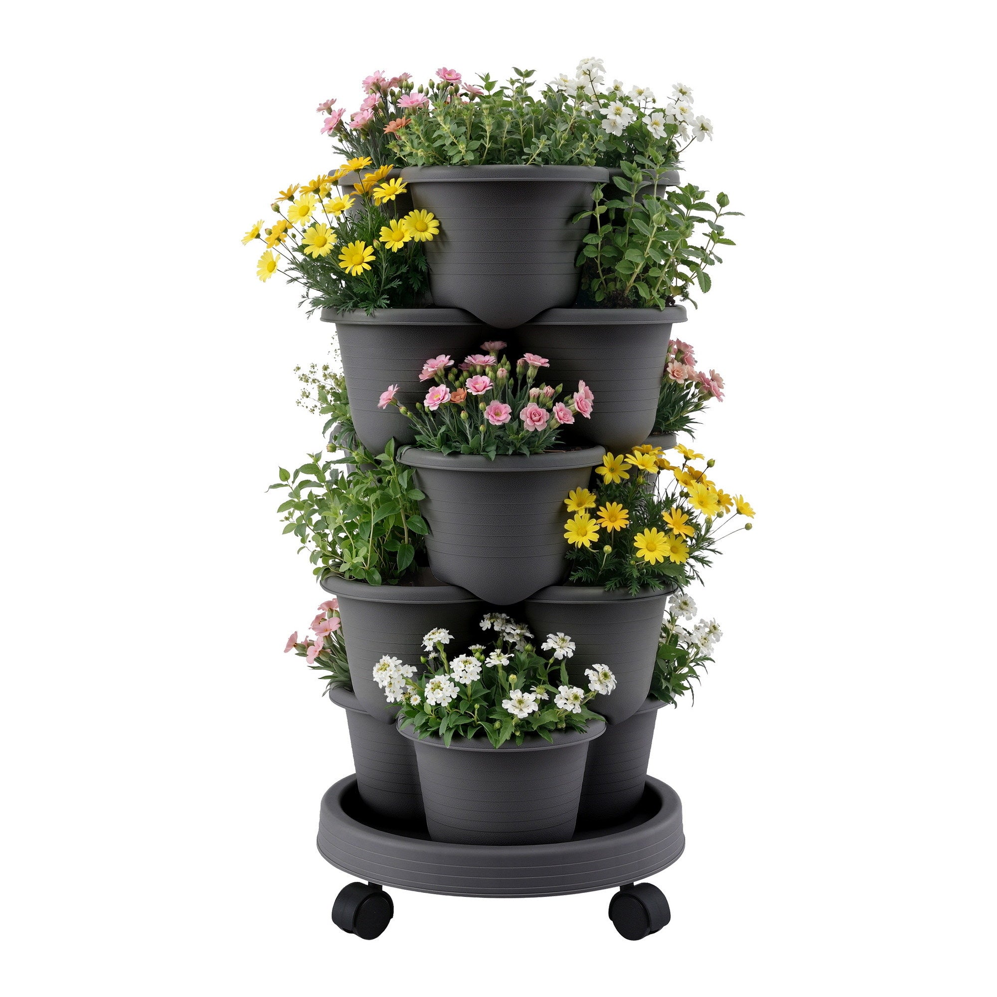 Green Fingers 5 Tier Vertical Garden Planter, Stackable Planters with 4 Wheels, Black, Raised Garden Bed, Garden Tower Indoor Outdoor, Auto Drainage System, for Strawberries, Herbs, Flower, Vegetables-Home & Garden > Artificial Plants > Pots, Planters & Accessories-PEROZ Accessories