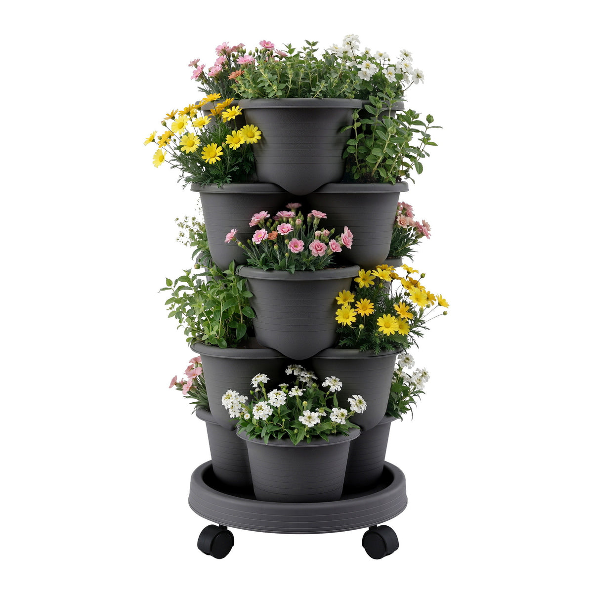Green Fingers 5 Tier Vertical Garden Planter, Stackable Planters with 4 Wheels, Black, Raised Garden Bed, Garden Tower Indoor Outdoor, Auto Drainage System, for Strawberries, Herbs, Flower, Vegetables-Home & Garden > Artificial Plants > Pots, Planters & Accessories-PEROZ Accessories