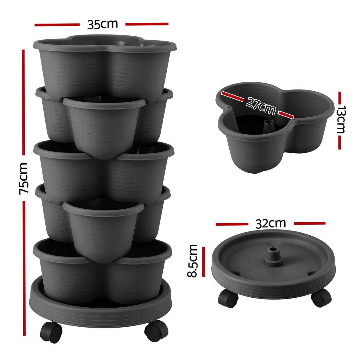 Green Fingers 5 Tier Vertical Garden Planter, Stackable Planters with 4 Wheels, Black, Raised Garden Bed, Garden Tower Indoor Outdoor, Auto Drainage System, for Strawberries, Herbs, Flower, Vegetables-Home & Garden > Artificial Plants > Pots, Planters & Accessories-PEROZ Accessories