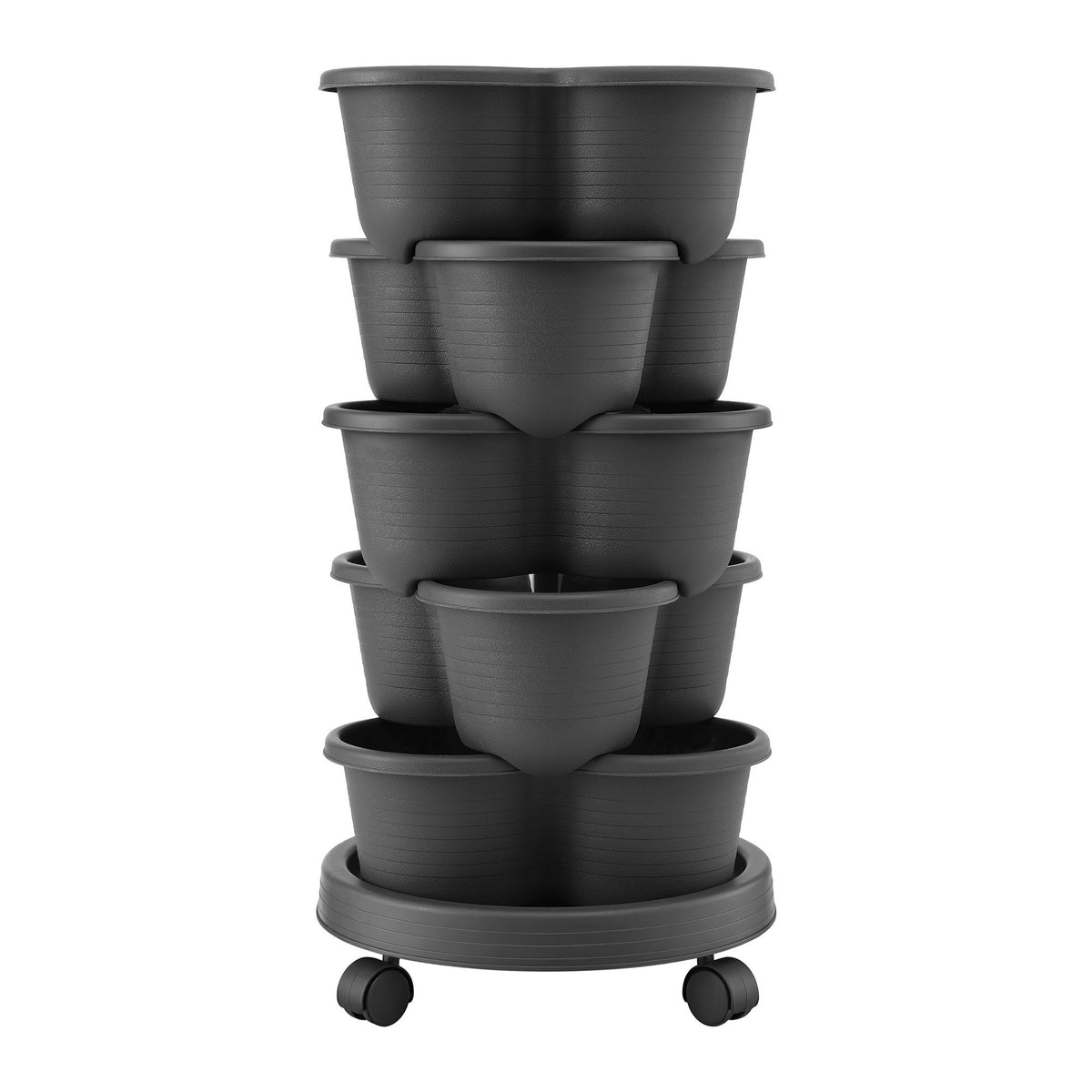 Green Fingers 5 Tier Vertical Garden Planter, Stackable Planters with 4 Wheels, Black, Raised Garden Bed, Garden Tower Indoor Outdoor, Auto Drainage System, for Strawberries, Herbs, Flower, Vegetables-Home & Garden > Artificial Plants > Pots, Planters & Accessories-PEROZ Accessories