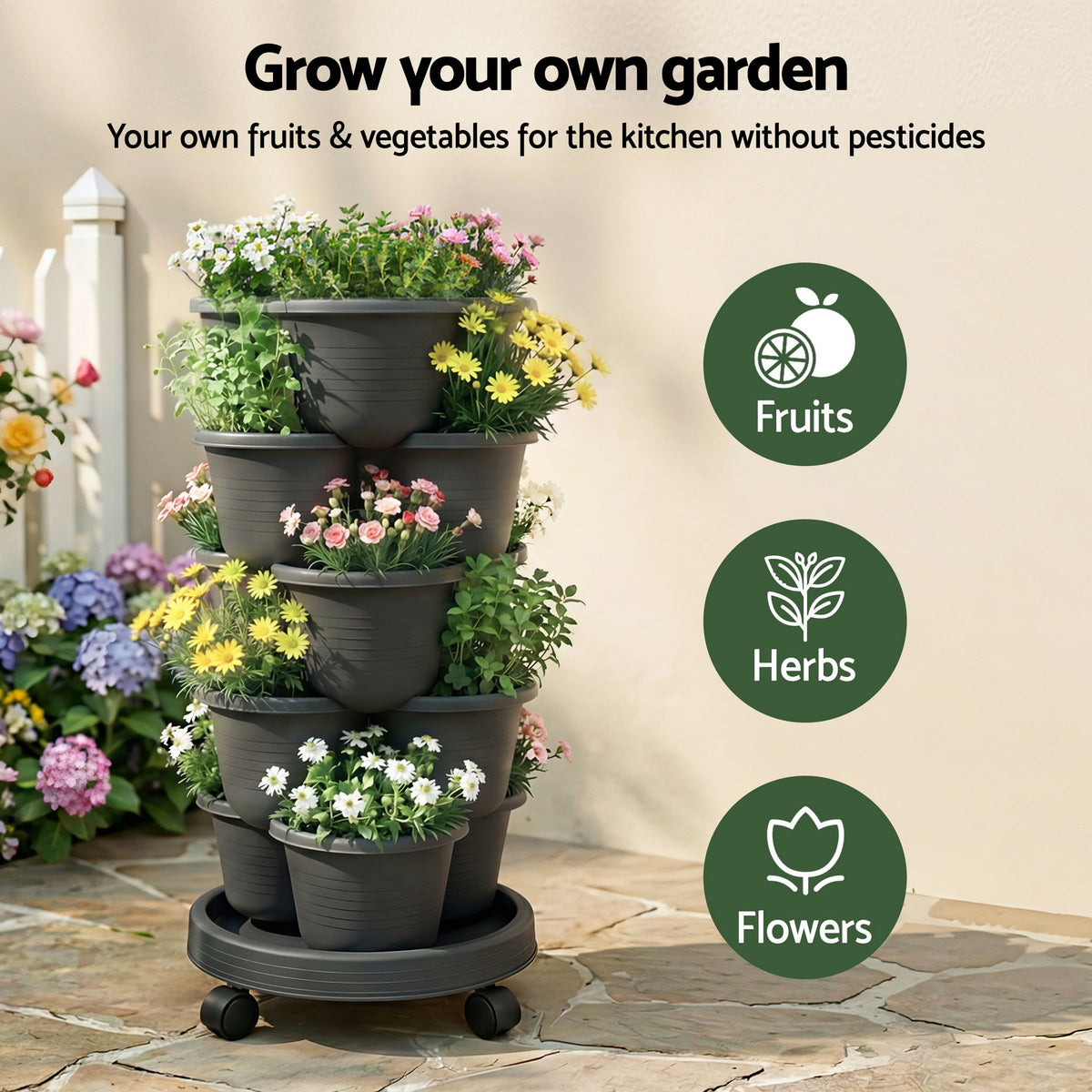 Green Fingers 5 Tier Vertical Garden Planter, Stackable Planters with 4 Wheels, Black, Raised Garden Bed, Garden Tower Indoor Outdoor, Auto Drainage System, for Strawberries, Herbs, Flower, Vegetables-Home & Garden > Artificial Plants > Pots, Planters & Accessories-PEROZ Accessories