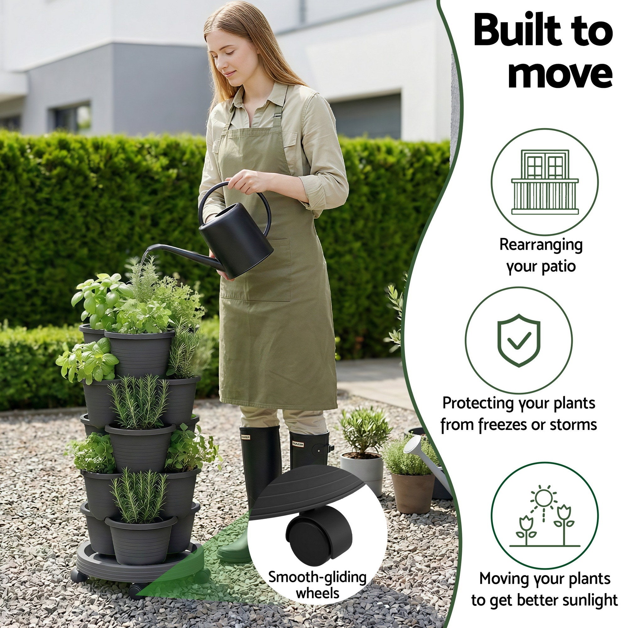 Green Fingers 5 Tier Vertical Garden Planter, Stackable Planters with 4 Wheels, Black, Raised Garden Bed, Garden Tower Indoor Outdoor, Auto Drainage System, for Strawberries, Herbs, Flower, Vegetables-Home & Garden > Artificial Plants > Pots, Planters & Accessories-PEROZ Accessories