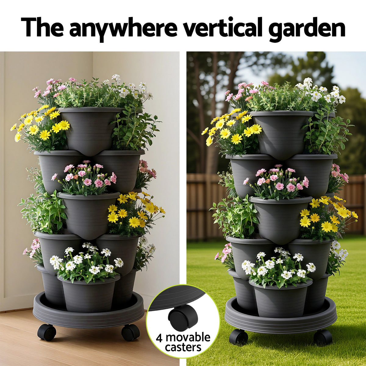Green Fingers 5 Tier Vertical Garden Planter, Stackable Planters with 4 Wheels, Black, Raised Garden Bed, Garden Tower Indoor Outdoor, Auto Drainage System, for Strawberries, Herbs, Flower, Vegetables-Home & Garden > Artificial Plants > Pots, Planters & Accessories-PEROZ Accessories