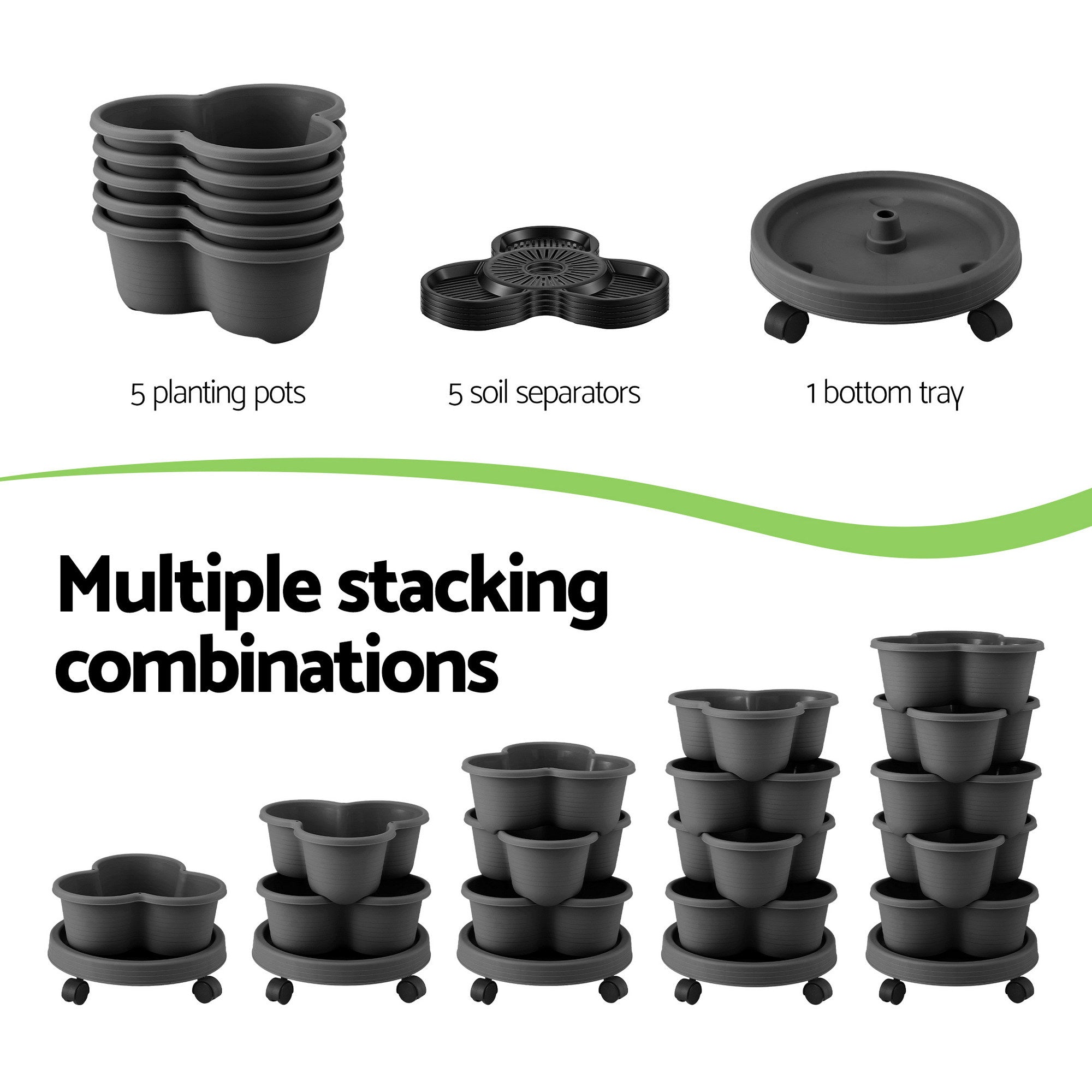 Green Fingers 5 Tier Vertical Garden Planter, Stackable Planters with 4 Wheels, Black, Raised Garden Bed, Garden Tower Indoor Outdoor, Auto Drainage System, for Strawberries, Herbs, Flower, Vegetables-Home & Garden > Artificial Plants > Pots, Planters & Accessories-PEROZ Accessories