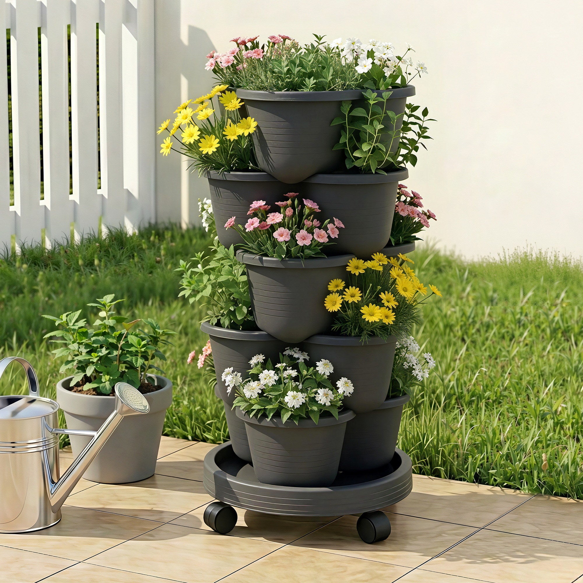 Green Fingers 5 Tier Vertical Garden Planter, Stackable Planters with 4 Wheels, Black, Raised Garden Bed, Garden Tower Indoor Outdoor, Auto Drainage System, for Strawberries, Herbs, Flower, Vegetables-Home & Garden > Artificial Plants > Pots, Planters & Accessories-PEROZ Accessories