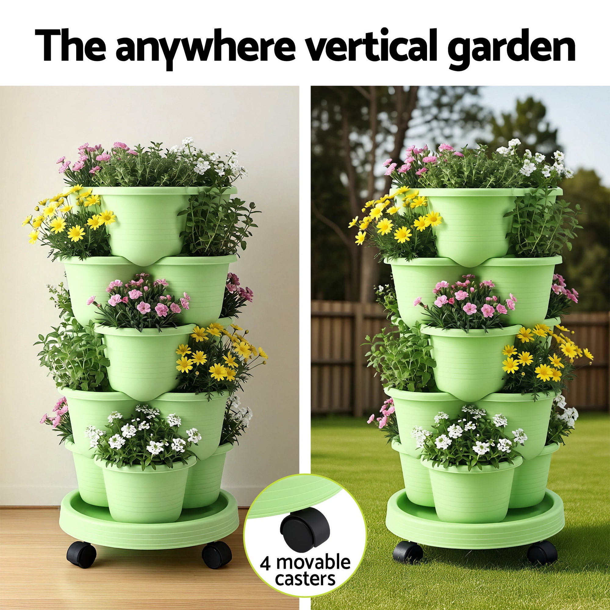 Green Fingers 5 Tier Vertical Garden Planter, Stackable Planters with Wheels, Light Green, Garden Bed, Garden Tower Indoor Outdoor, Auto Drainage System, for Strawberries, Herbs, Flowers, Vegetables-Home & Garden > Artificial Plants > Pots, Planters & Accessories-PEROZ Accessories