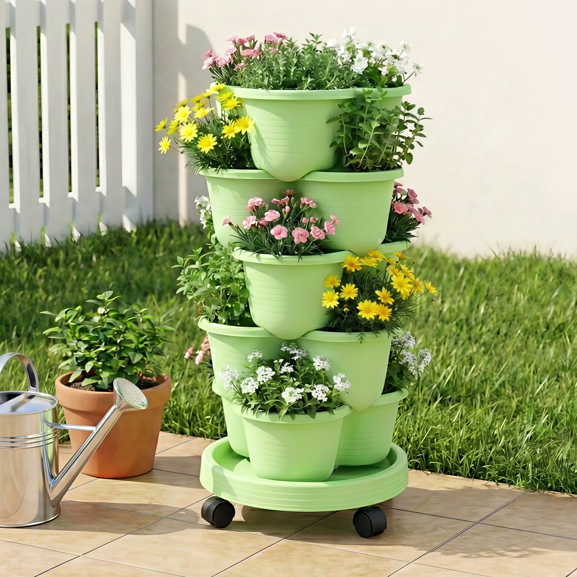 Green Fingers 5 Tier Vertical Garden Planter, Stackable Planters with Wheels, Light Green, Garden Bed, Garden Tower Indoor Outdoor, Auto Drainage System, for Strawberries, Herbs, Flowers, Vegetables-Home & Garden > Artificial Plants > Pots, Planters & Accessories-PEROZ Accessories
