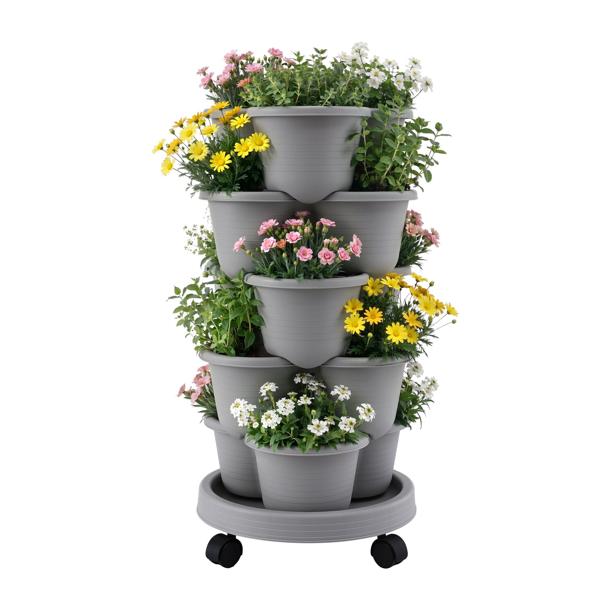 Green Fingers 5 Tier Vertical Garden Planter, Stackable Planters with 4 Wheels, Grey, Raised Garden Bed, Garden Tower Indoor Outdoor, Auto Drainage System, for Strawberries, Herbs, Flower, Vegetables-Home & Garden > Artificial Plants > Pots, Planters & Accessories-PEROZ Accessories